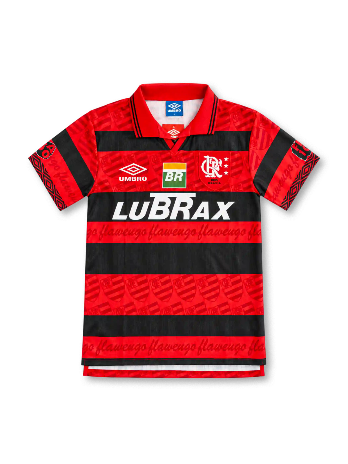 Flamengo 1995 red and black hooped home jersey with tonal crest pattern, Umbro logo and Lubrax sponsor