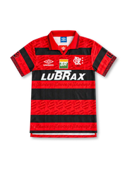 Flamengo 1995 red and black hooped home jersey with tonal crest pattern, Umbro logo and Lubrax sponsor