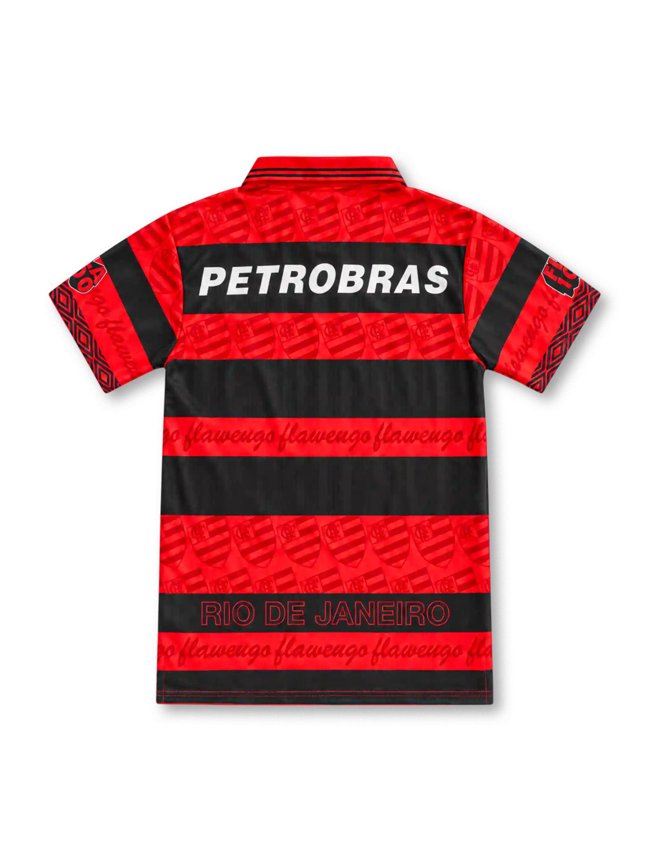 Flamengo 1995 red and black hooped home jersey with tonal crest pattern, Umbro logo and Lubrax sponsor