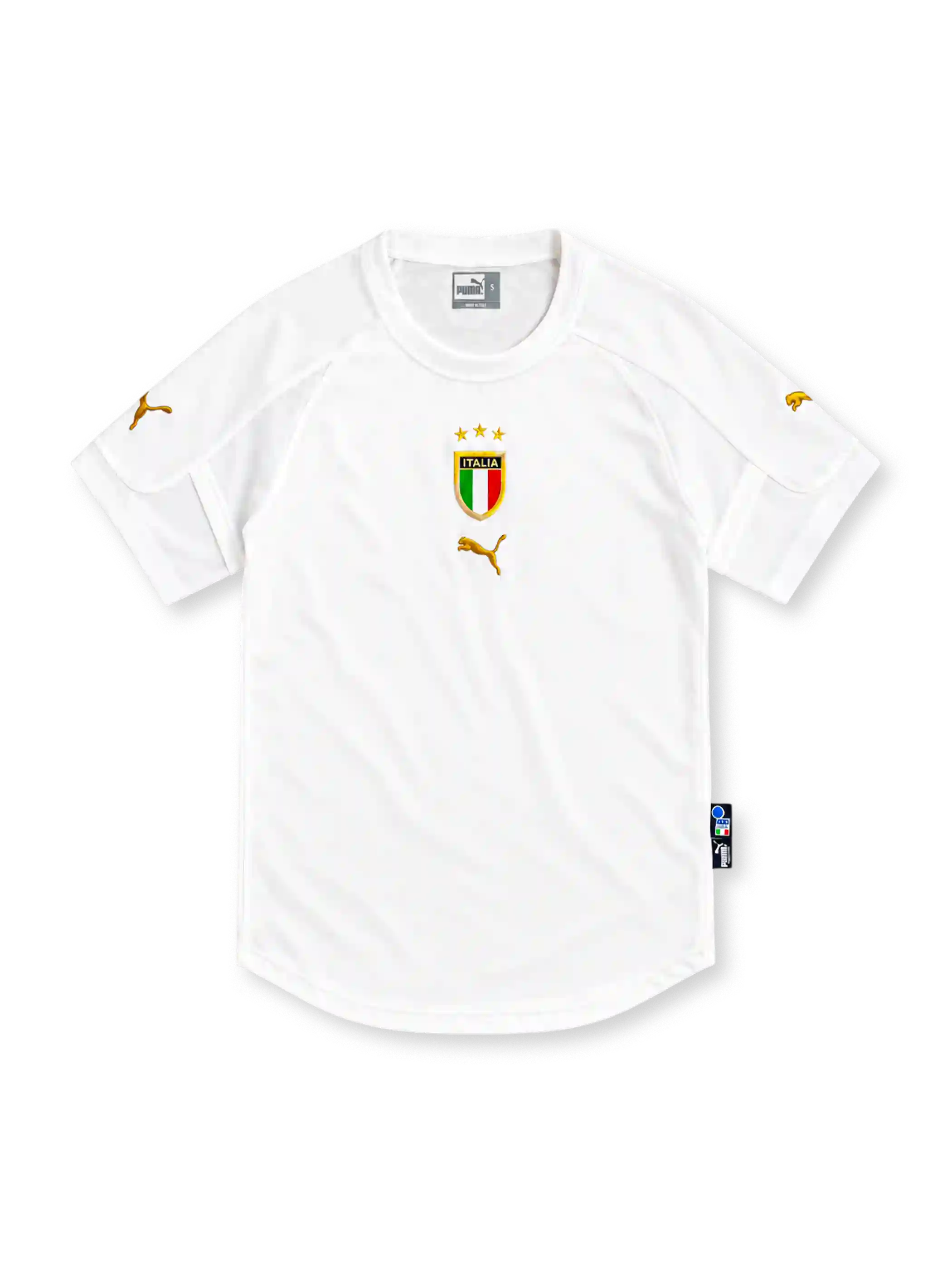 Italy 2004 white away jersey with centred tricolour crest, three gold stars and gold Puma logos