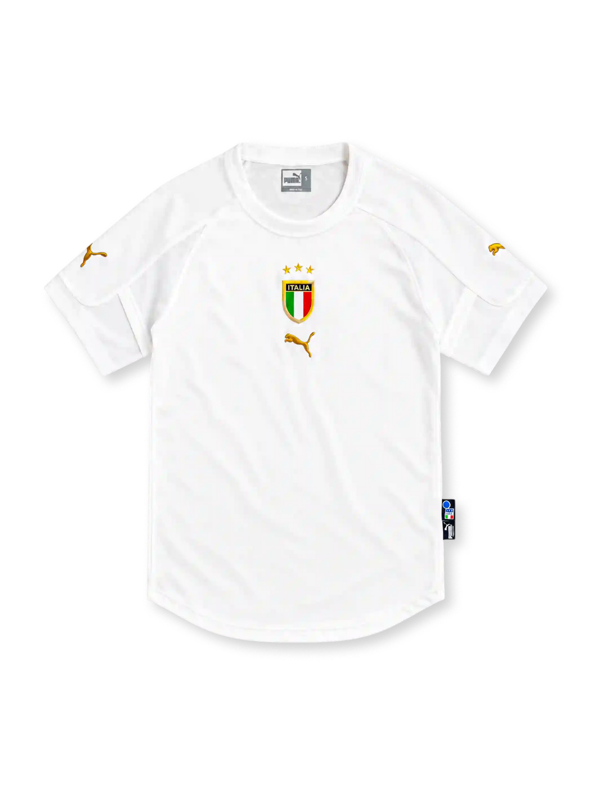 Italy 2004 white away jersey with centred tricolour crest, three gold stars and gold Puma logos