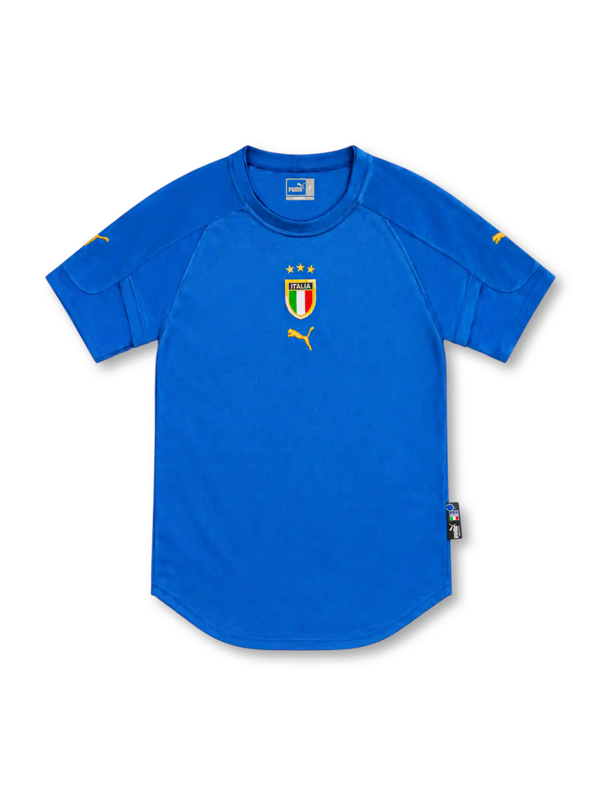 Italy 2004 blue home jersey with centred tricolour crest, three gold stars and gold Puma logos