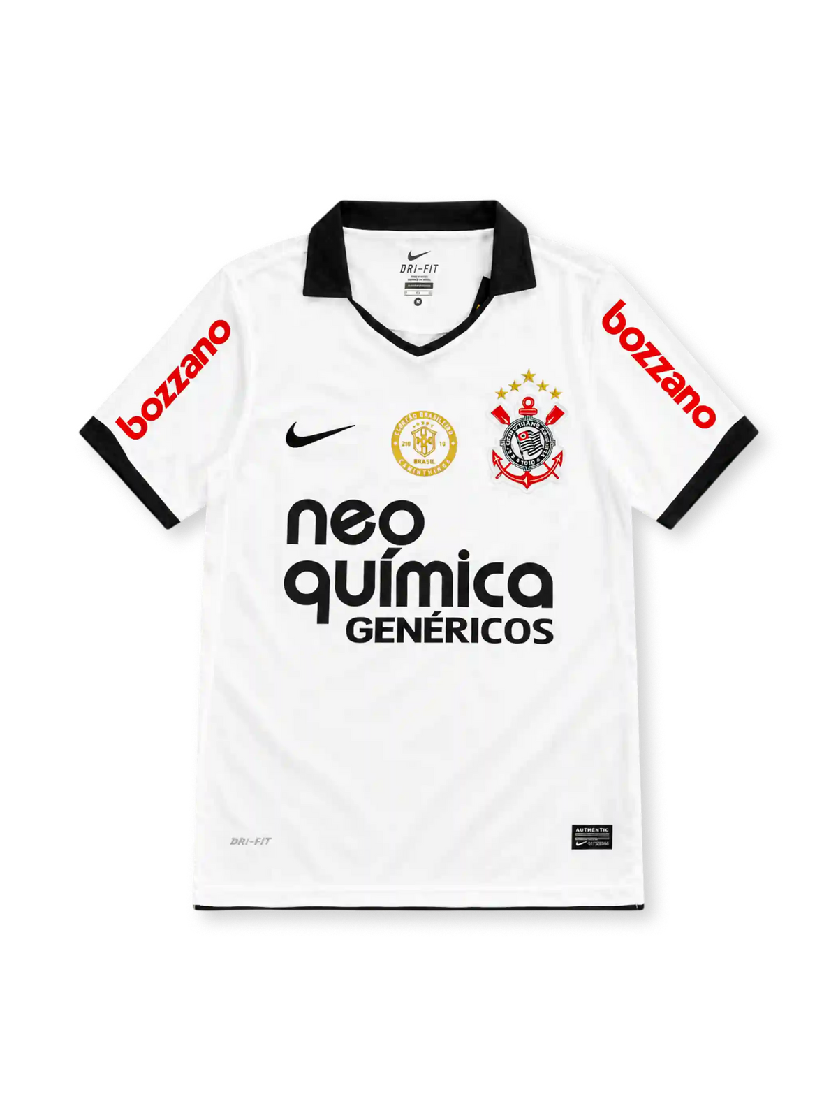 Corinthians 2011 white home jersey with black collar, Nike logo, club crest and Neo Química Genéricos sponsor