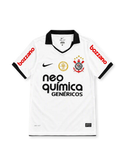 Corinthians 2011 white home jersey with black collar, Nike logo, club crest and Neo Química Genéricos sponsor