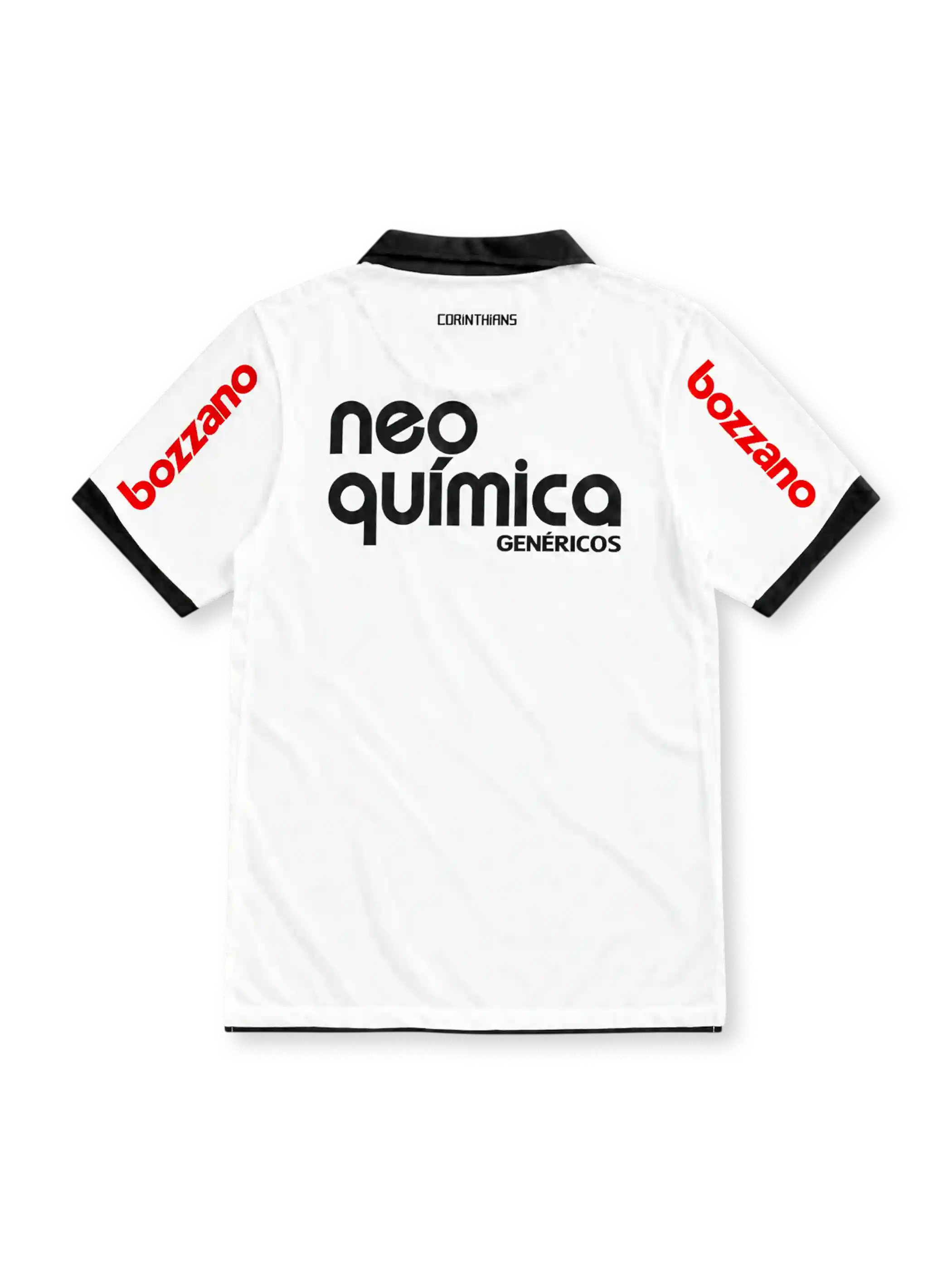Corinthians 2011 white home jersey with black collar, Nike logo, club crest and Neo Química Genéricos sponsor