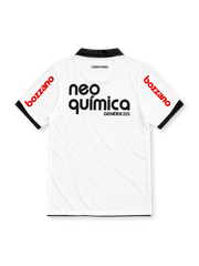 Corinthians 2011 white home jersey with black collar, Nike logo, club crest and Neo Química Genéricos sponsor