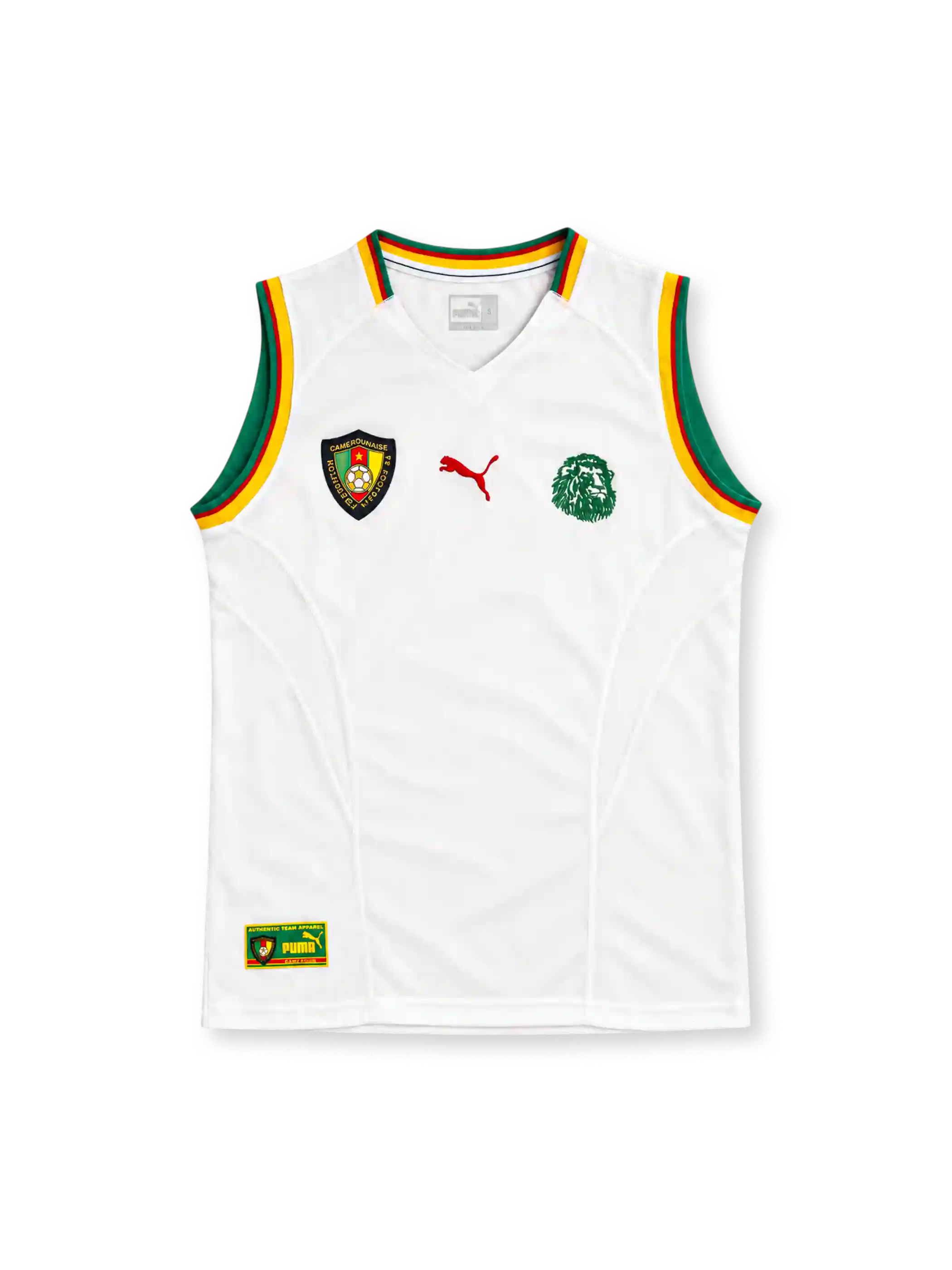 Cameroon 2002 white sleeveless away jersey with green, red and yellow trim, Puma logo and lion emblem