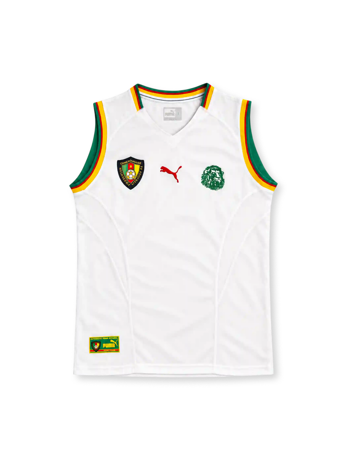 Cameroon 2002 white sleeveless away jersey with green, red and yellow trim, Puma logo and lion emblem