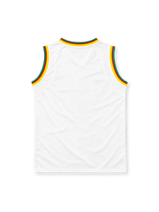 Cameroon 2002 white sleeveless away jersey with green, red and yellow trim, Puma logo and lion emblem