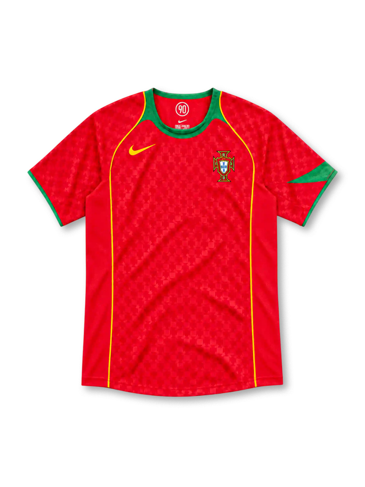 Portugal 2004 red home jersey with tonal pattern, green collar, gold piping, Nike logo and federation crest