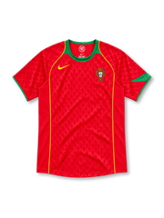 Portugal 2004 red home jersey with tonal pattern, green collar, gold piping, Nike logo and federation crest