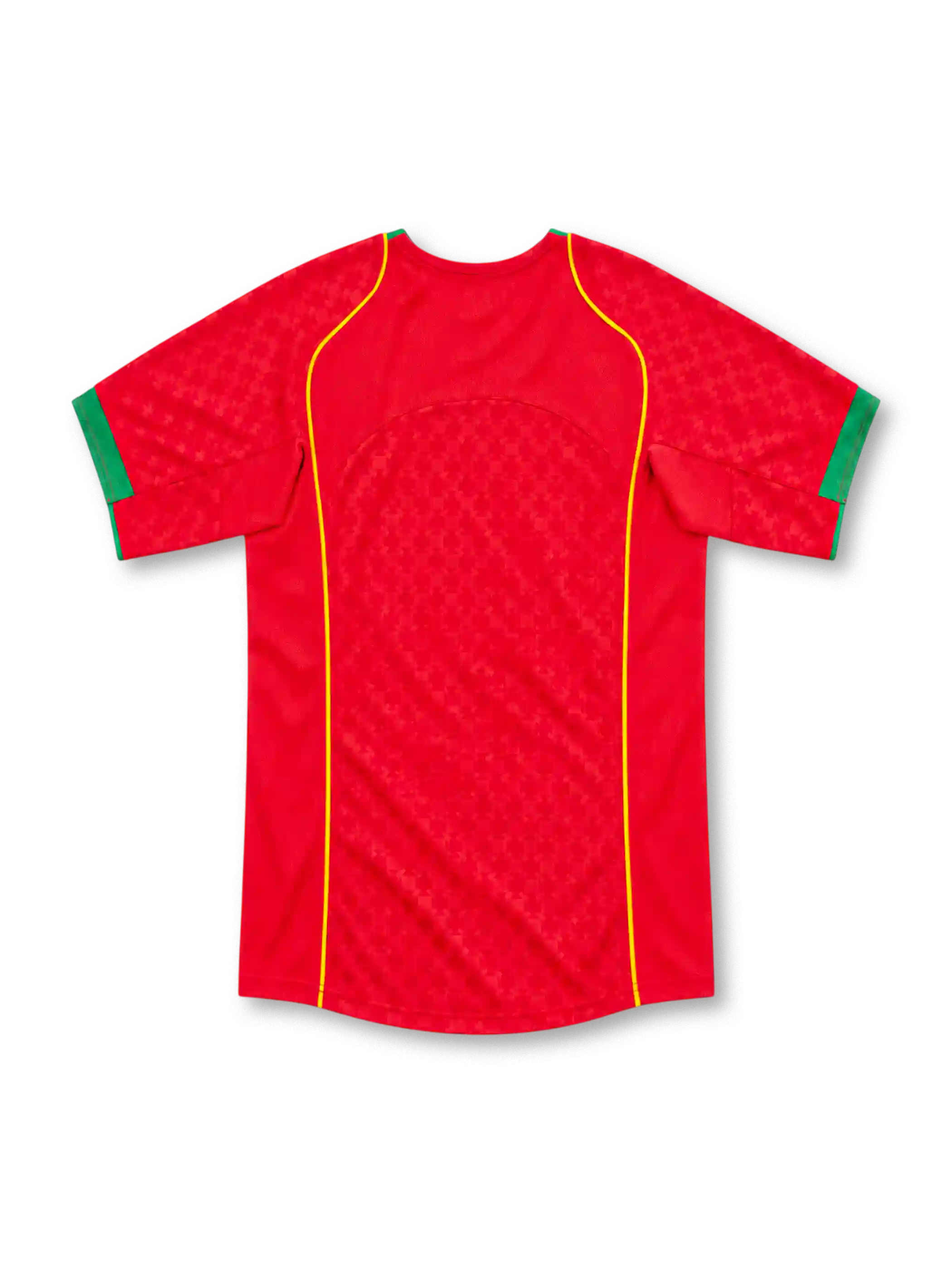 Portugal 2004 red home jersey with tonal pattern, green collar, gold piping, Nike logo and federation crest