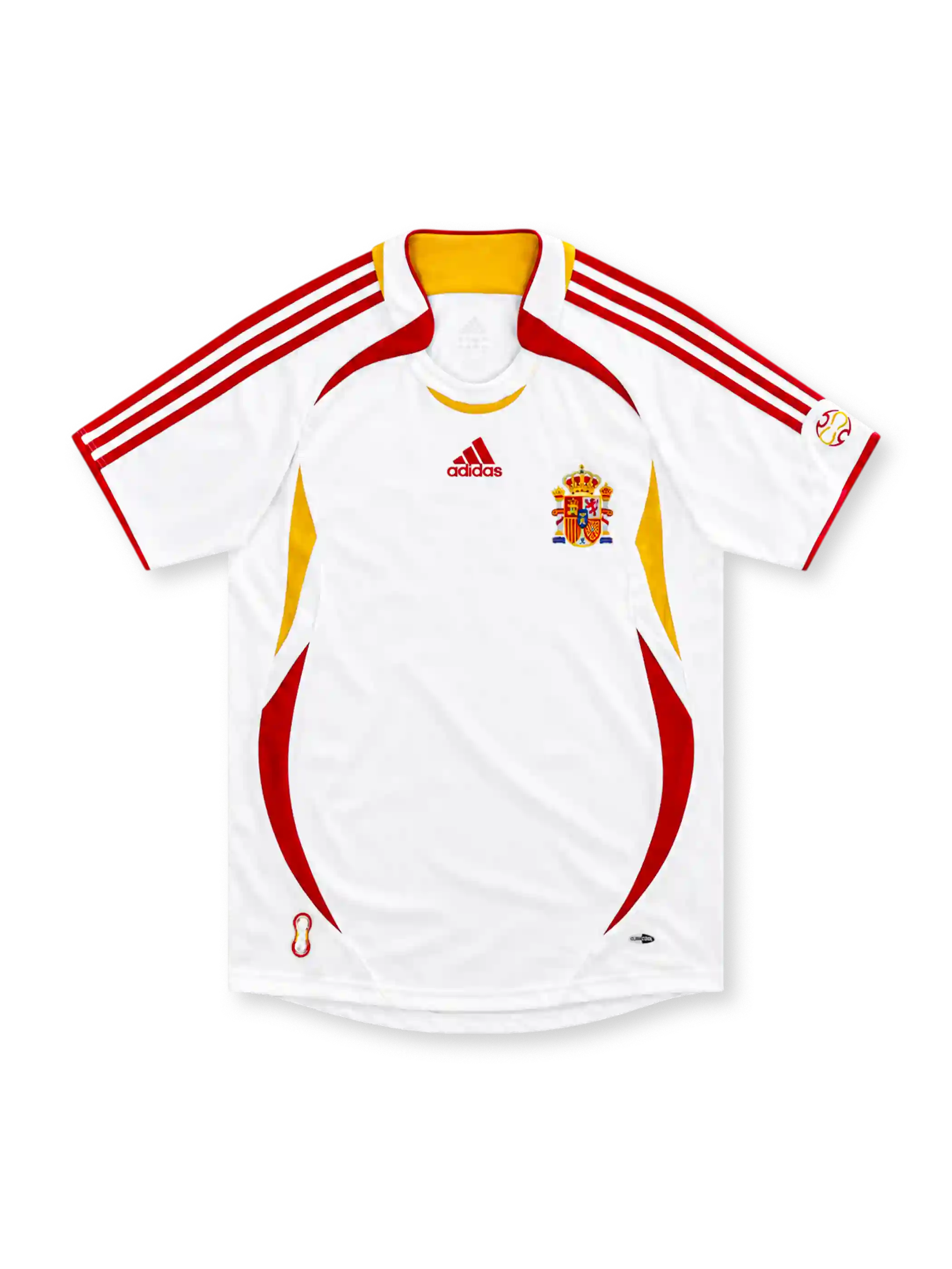 Spain 2006 white away jersey with red and yellow curved panels, red adidas stripes and embroidered crest
