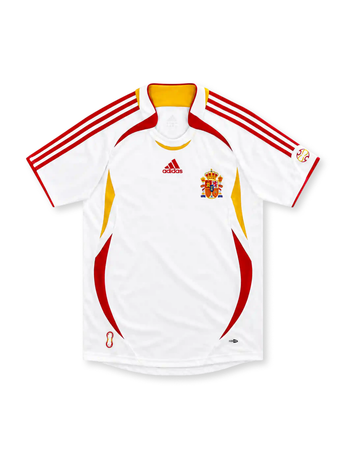 Spain 2006 white away jersey with red and yellow curved panels, red adidas stripes and embroidered crest