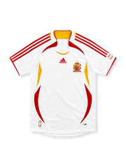 Spain 2006 white away jersey with red and yellow curved panels, red adidas stripes and embroidered crest