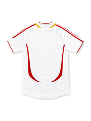 Spain 2006 white away jersey with red and yellow curved panels, red adidas stripes and embroidered crest