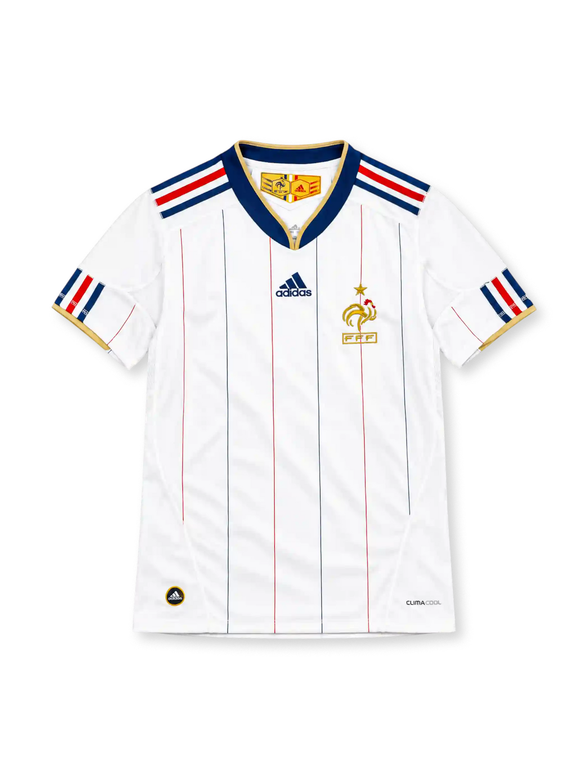 France 2010 white away jersey with navy and red pinstripes, navy collar, adidas logo and gold FFF crest