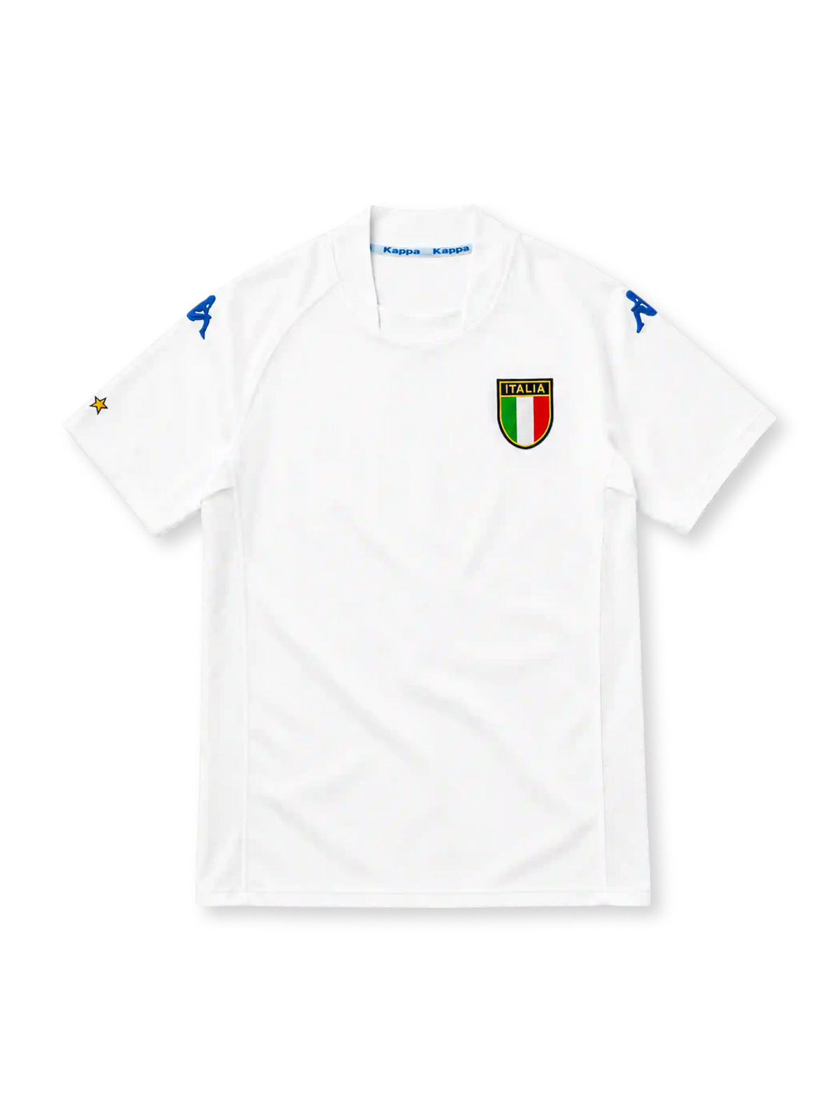 Italy 2002 white away jersey with ITALIA tricolour shield crest and blue Kappa logos on the shoulders