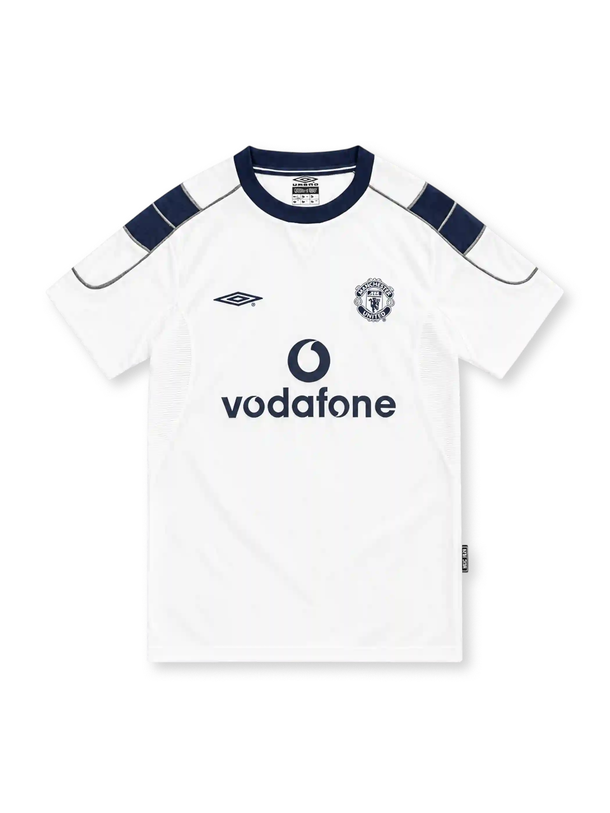 Manchester United 2000/01 white away jersey with navy shoulder panels, Umbro logo and Vodafone sponsor