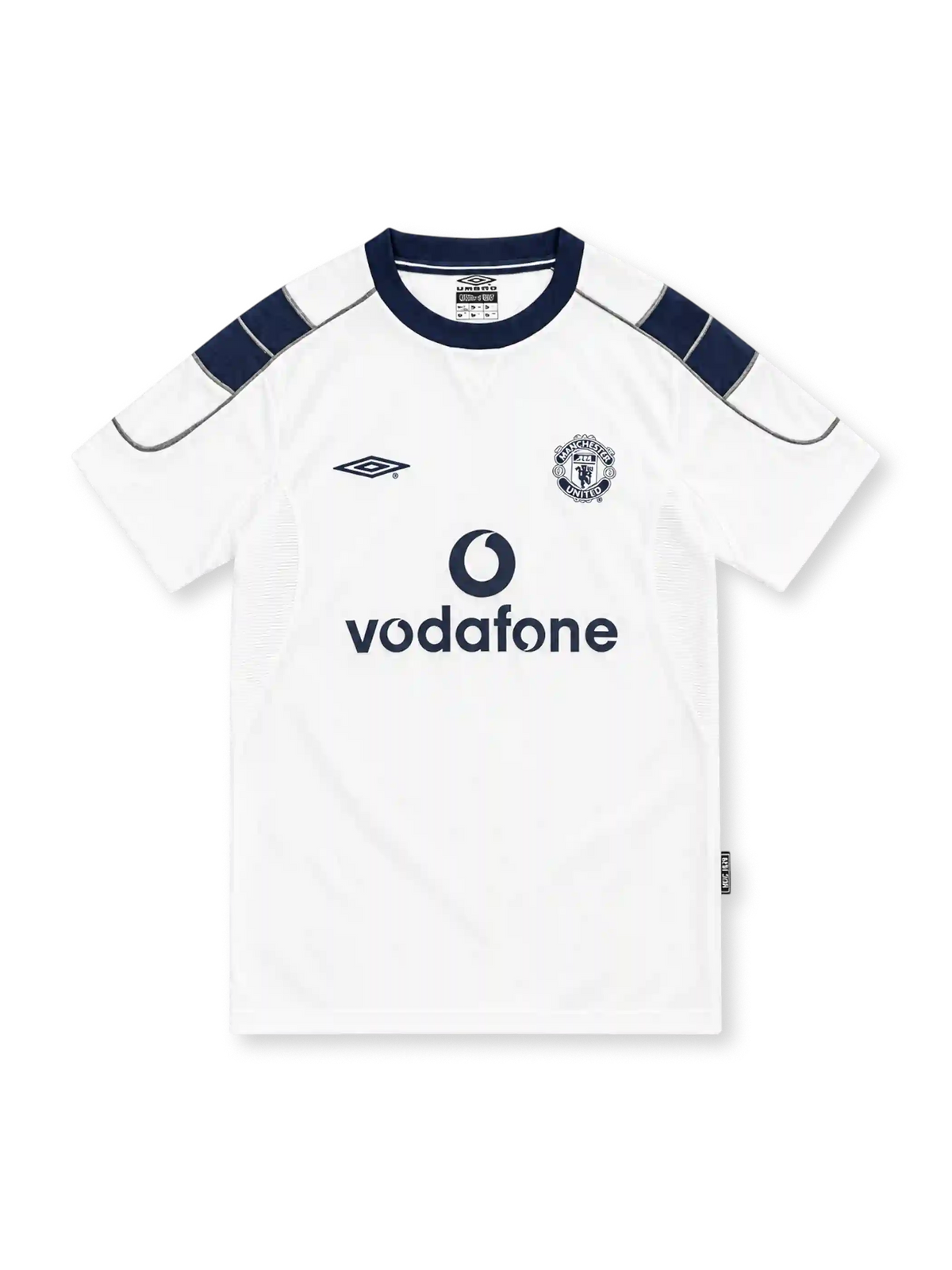 Manchester United 2000/01 white away jersey with navy shoulder panels, Umbro logo and Vodafone sponsor