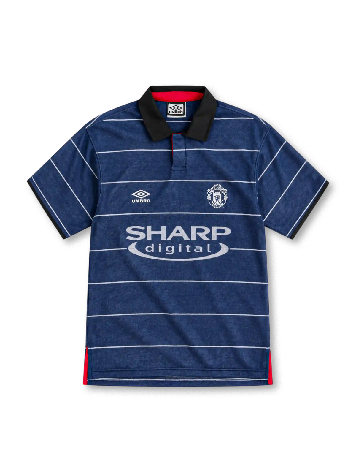 Manchester United 1999/00 navy away jersey with white pinstripes, black collar, Umbro logo and Sharp Digital sponsor