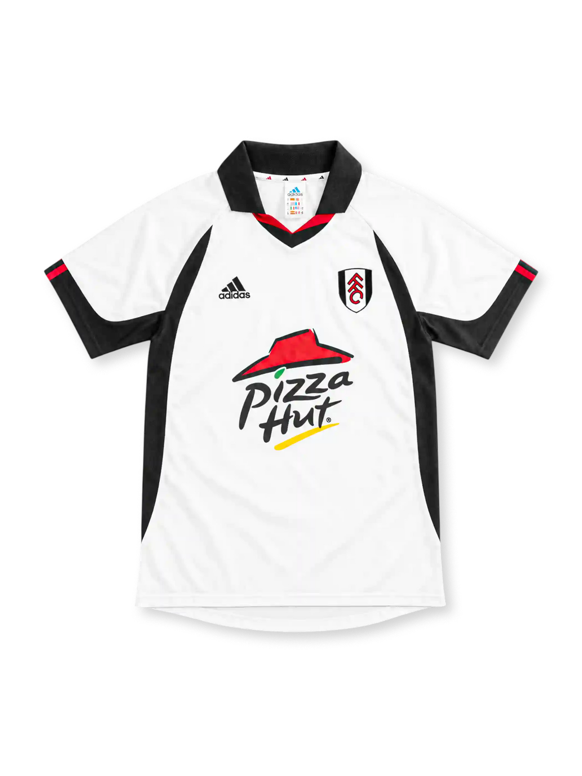 Fulham 2001/02 white home jersey with black side panels, adidas logo and Pizza Hut sponsor