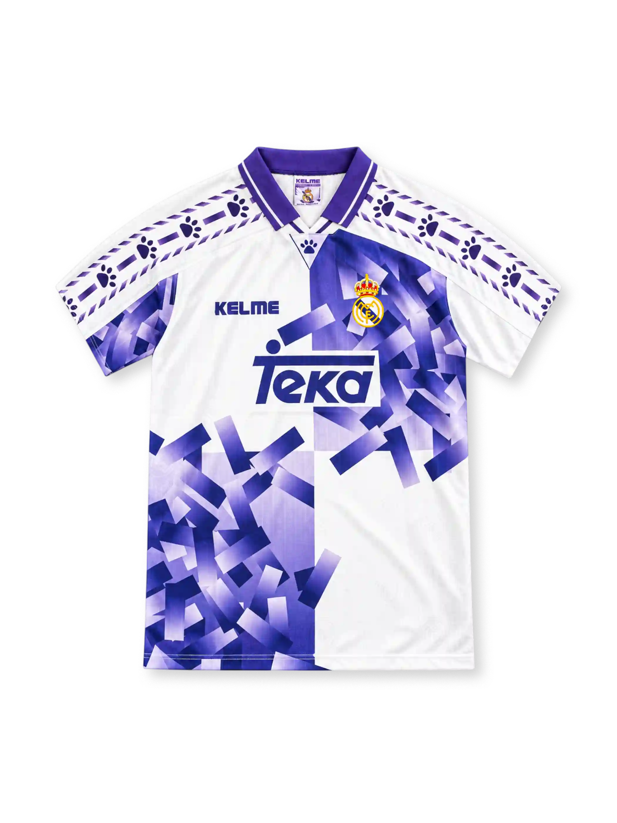 Real Madrid 1996/97 white third jersey with purple shard pattern, Kelme logo and Teka sponsor