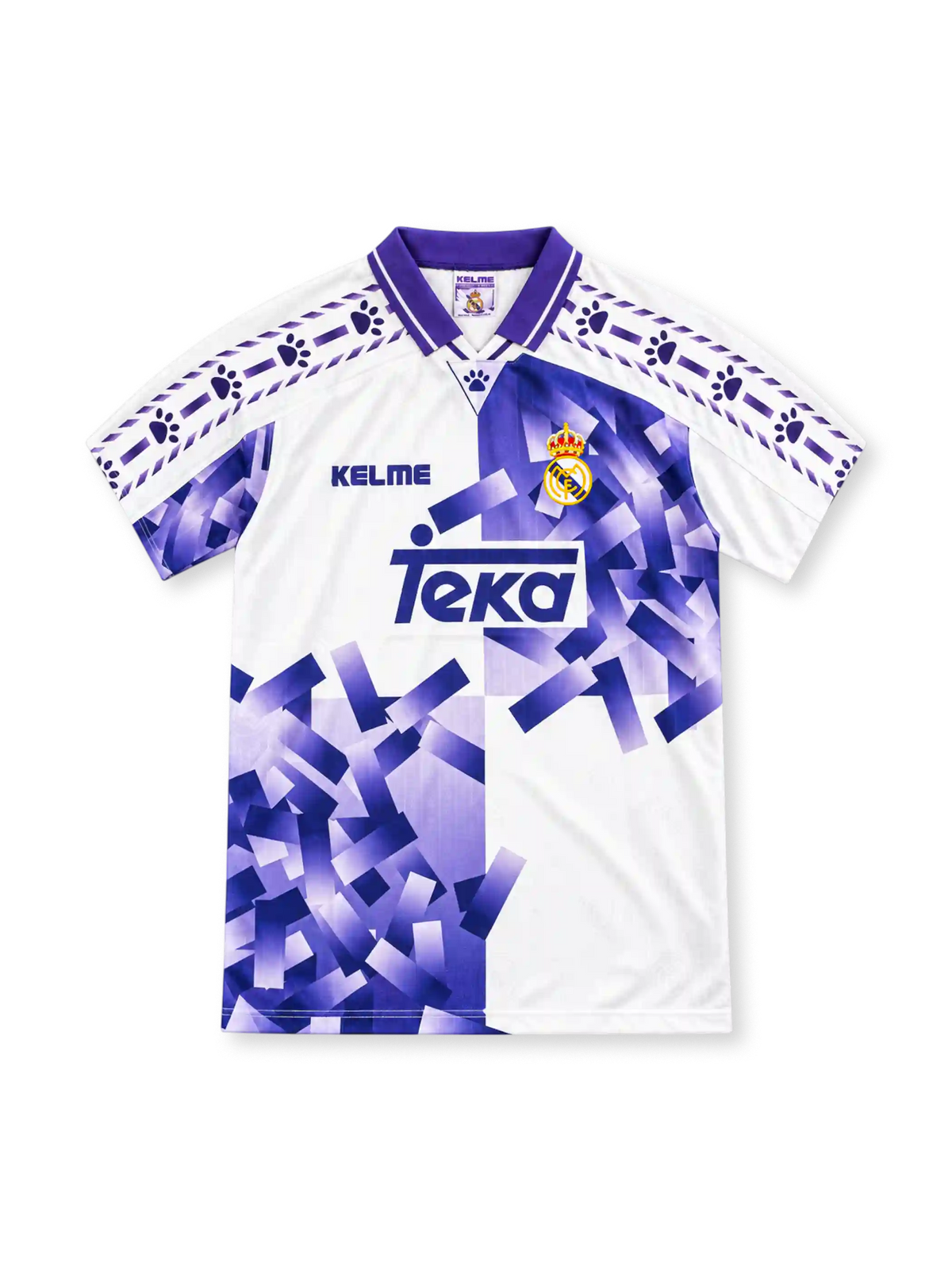Real Madrid 1996/97 white third jersey with purple shard pattern, Kelme logo and Teka sponsor