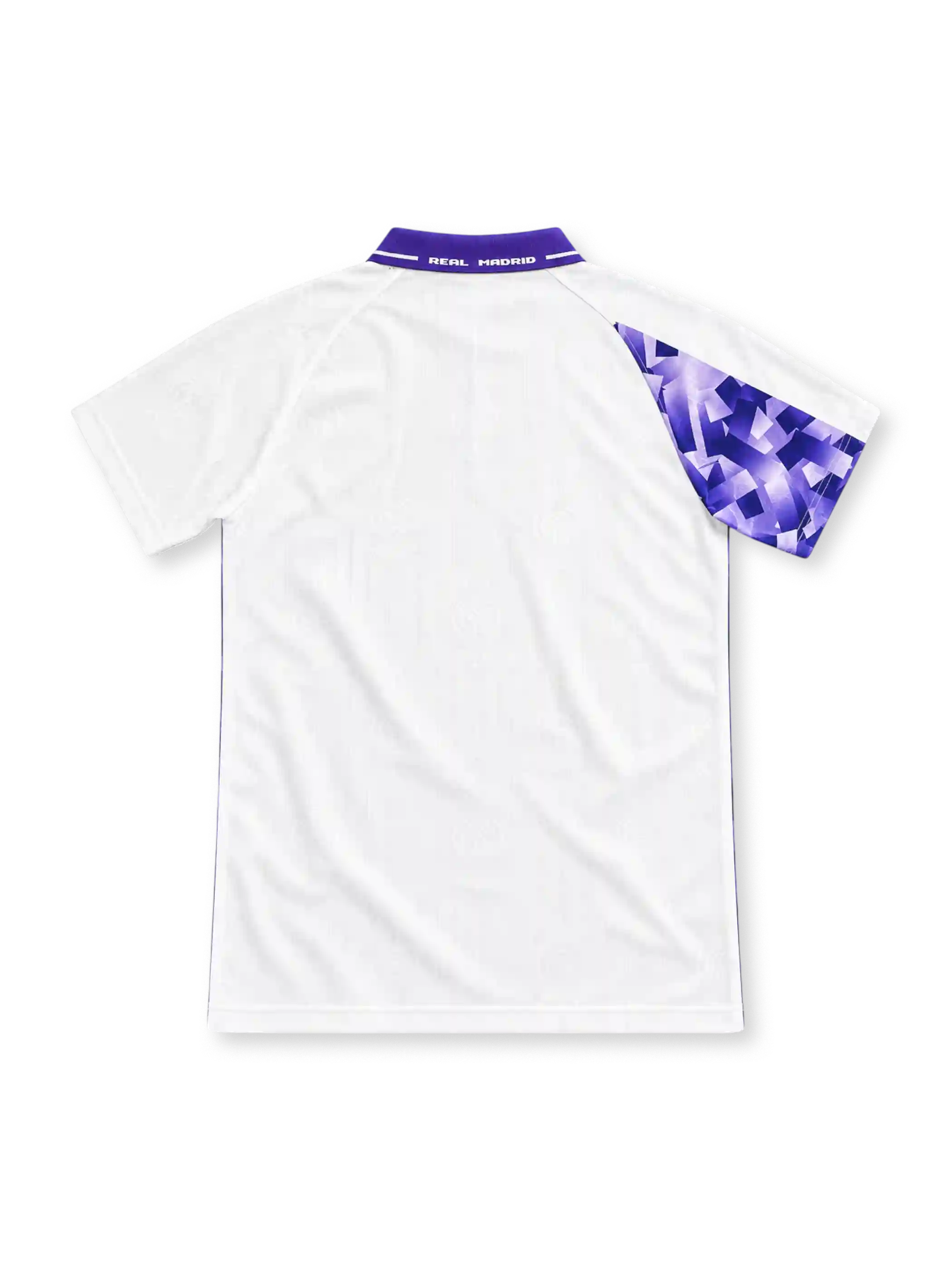 Real Madrid 1996/97 white third jersey with purple shard pattern, Kelme logo and Teka sponsor