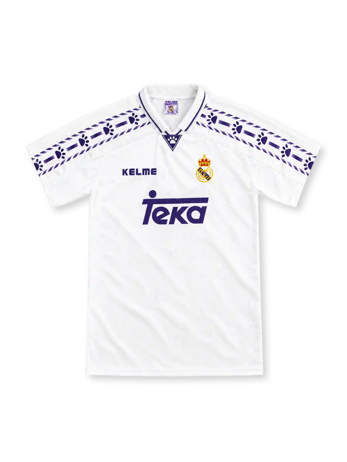 Real Madrid 1996/97 white home jersey with purple paw-print shoulder tape, Kelme logo and Teka sponsor