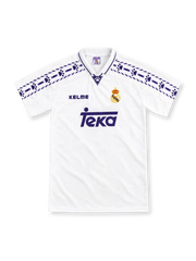 Real Madrid 1996/97 white home jersey with purple paw-print shoulder tape, Kelme logo and Teka sponsor