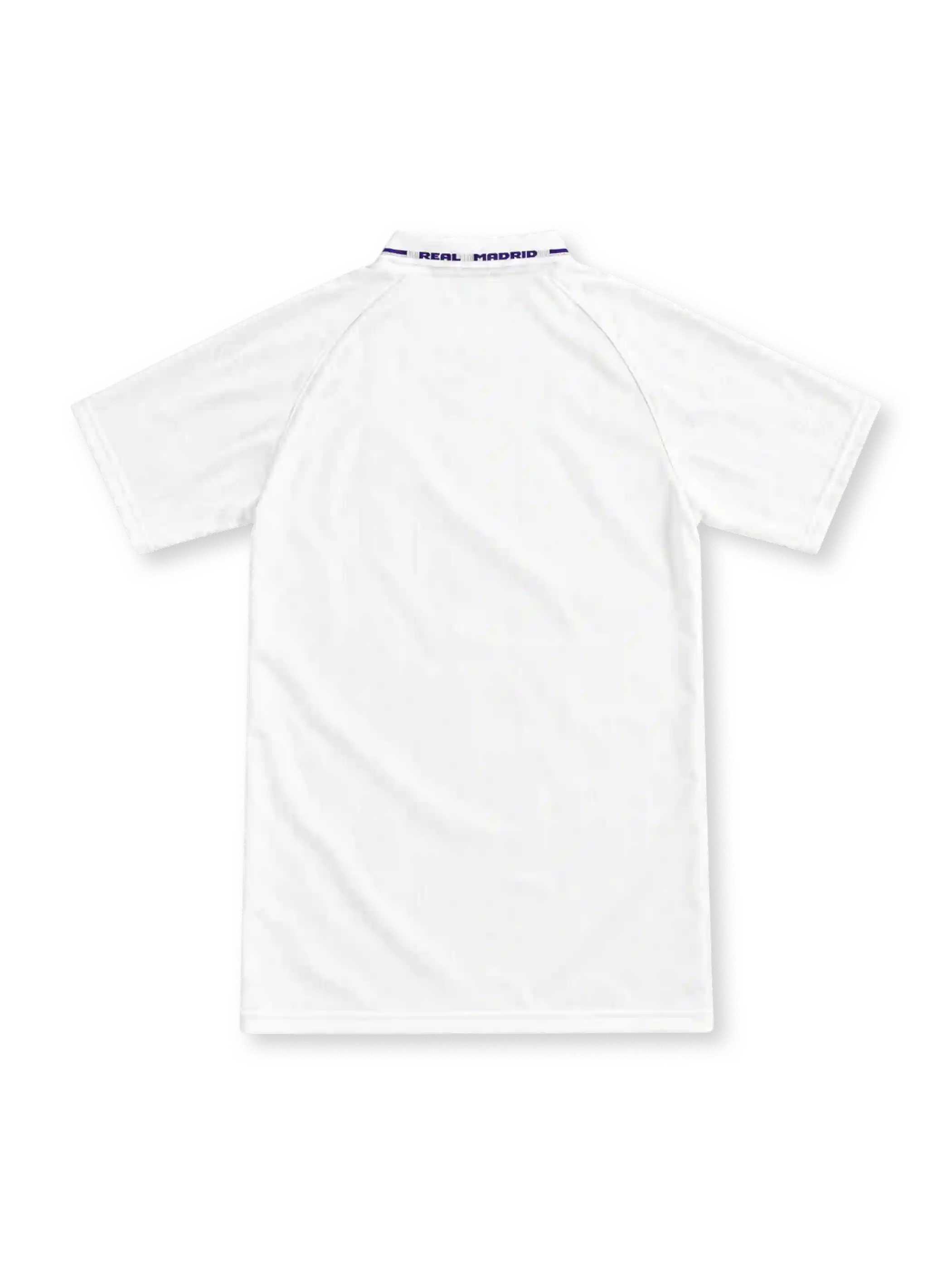 Real Madrid 1996/97 white home jersey with purple paw-print shoulder tape, Kelme logo and Teka sponsor