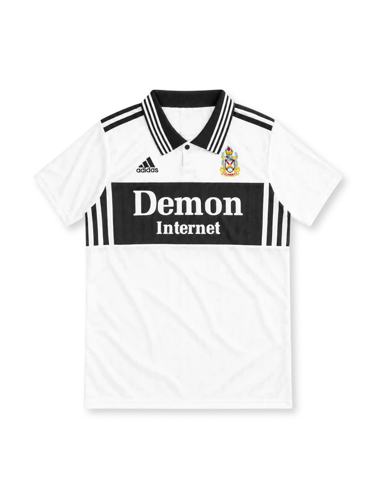 Fulham 1998/99 white home jersey with black striped collar, black chest panel, adidas logo and Demon Internet sponsor