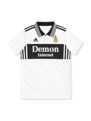 Fulham 1998/99 white home jersey with black striped collar, black chest panel, adidas logo and Demon Internet sponsor