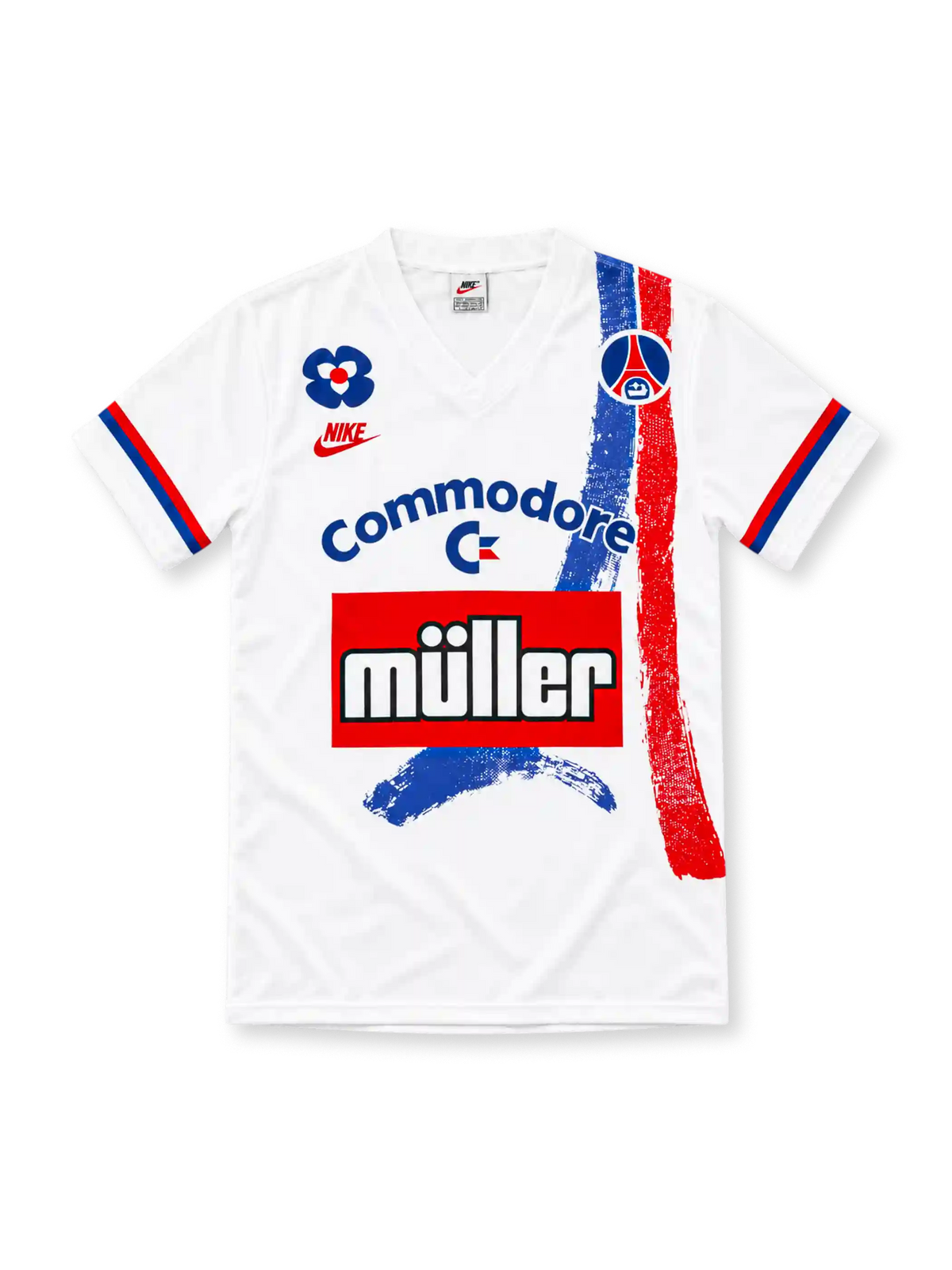 Paris Saint-Germain 1991/92 white jersey with blue and red Eiffel Tower brushstrokes, Nike logo, Commodore and Müller sponsors