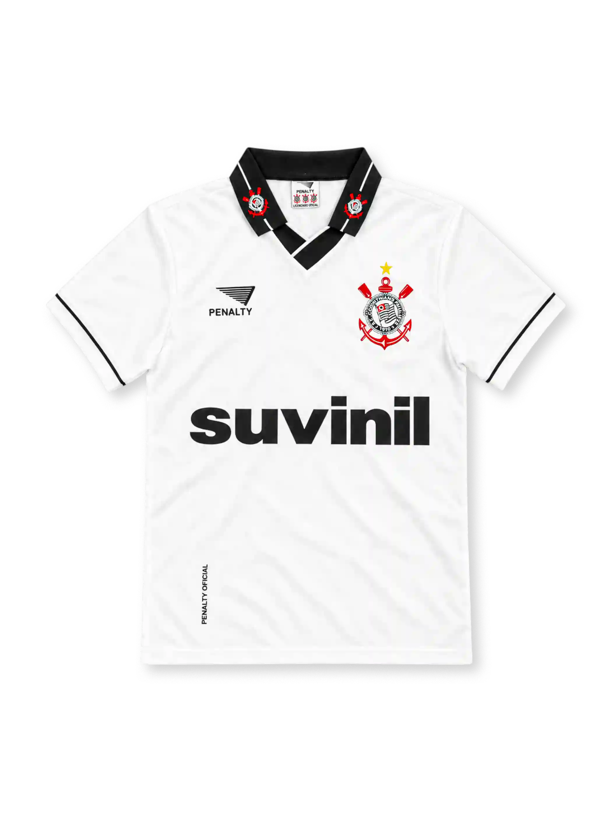 Corinthians 1995/96 white home jersey with black collar, club crest, Penalty logo and Suvinil sponsor
