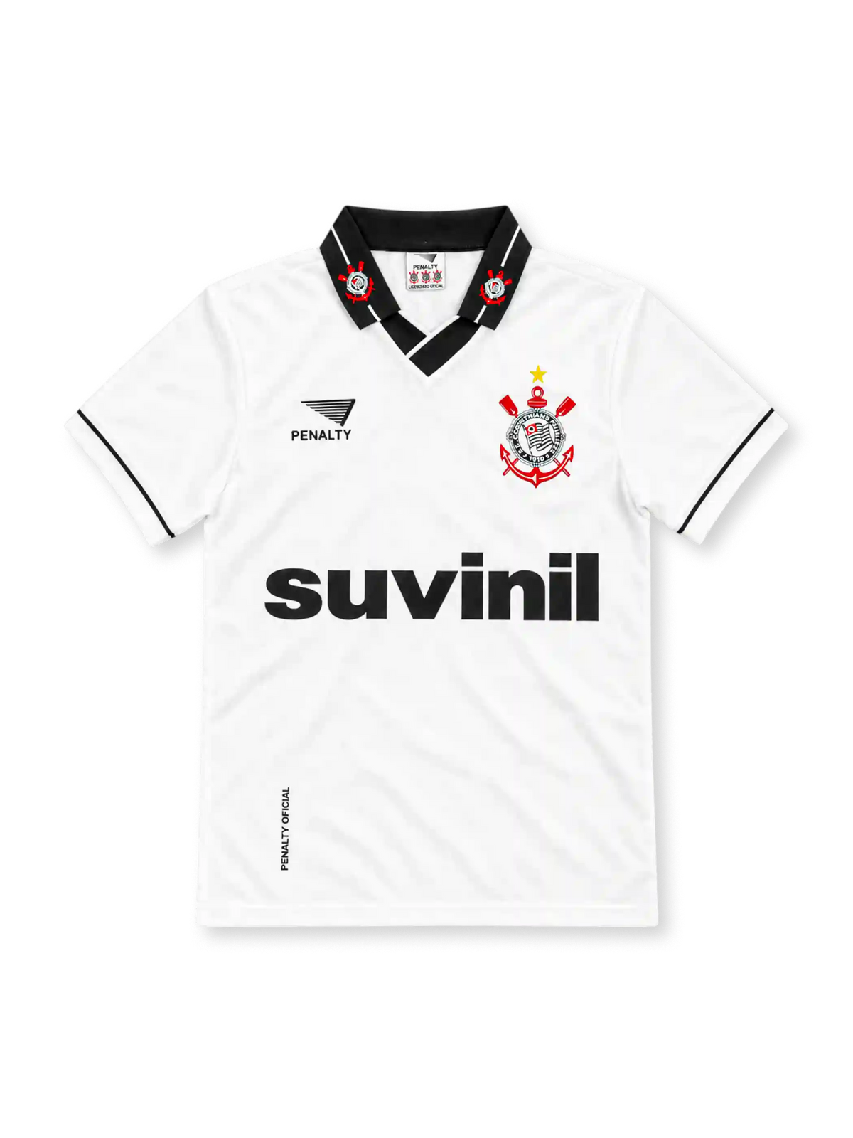 Corinthians 1995/96 white home jersey with black collar, club crest, Penalty logo and Suvinil sponsor