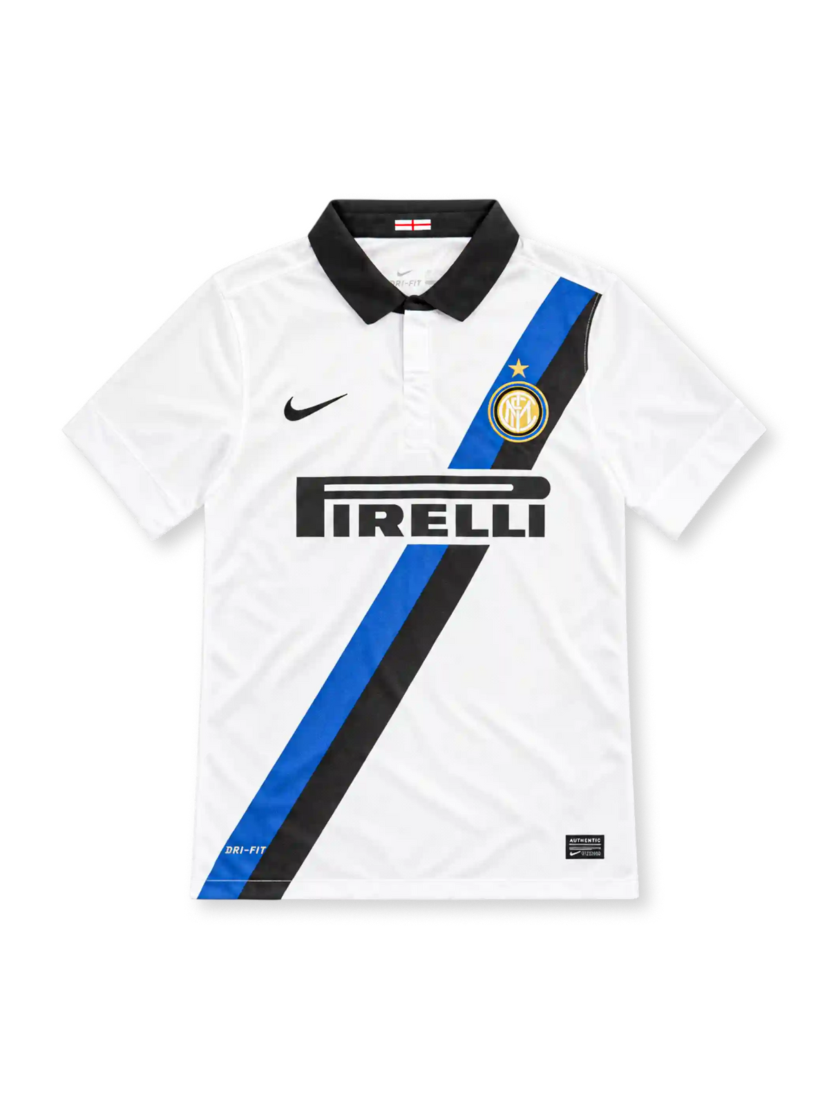 Inter Milan 2011/12 white away jersey with blue and black diagonal sash, Nike logo and Pirelli sponsor