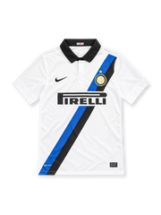 Inter Milan 2011/12 white away jersey with blue and black diagonal sash, Nike logo and Pirelli sponsor