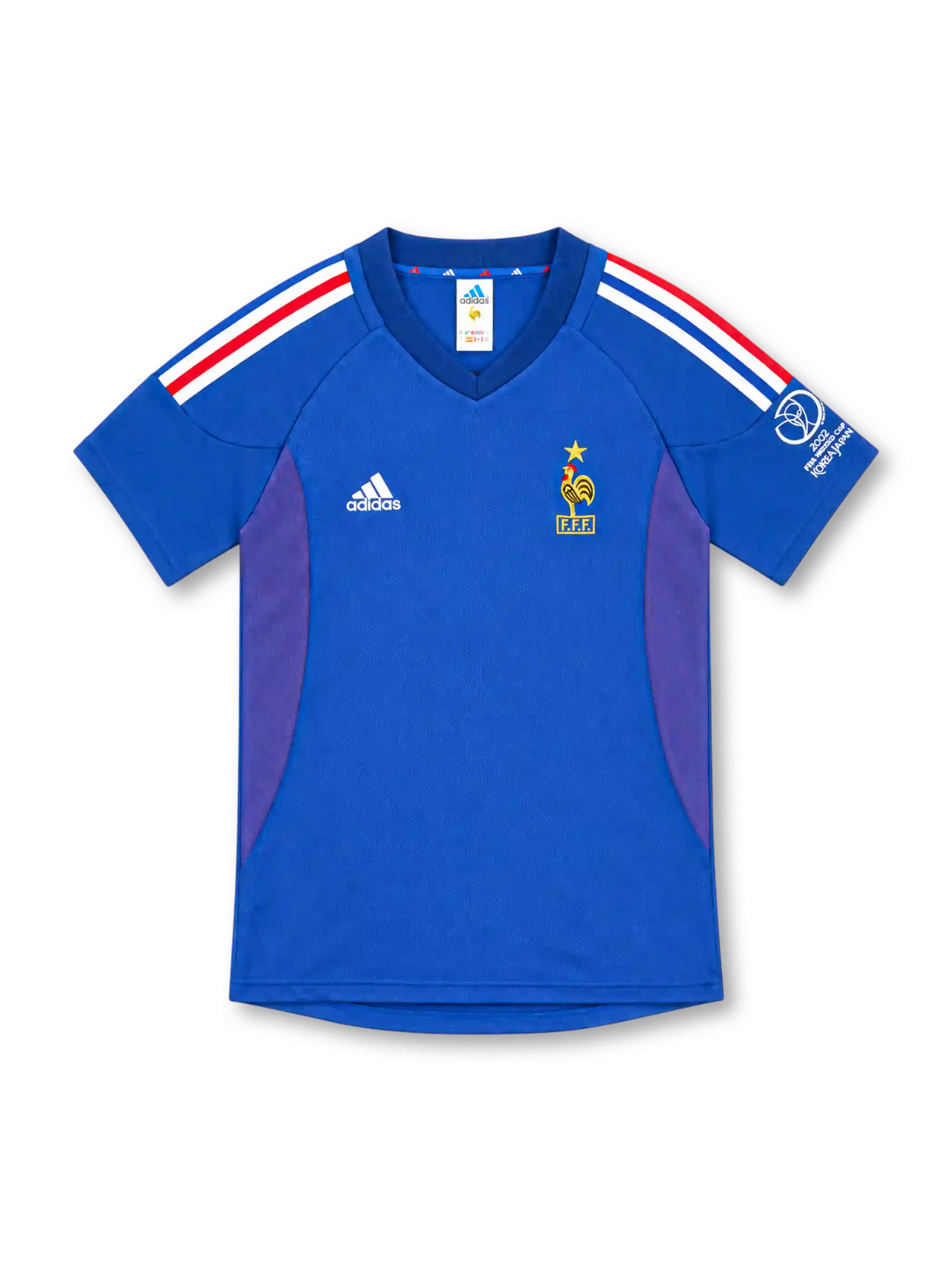 France 2002 royal blue home jersey with red and white shoulder stripes, adidas logo and gold FFF rooster crest