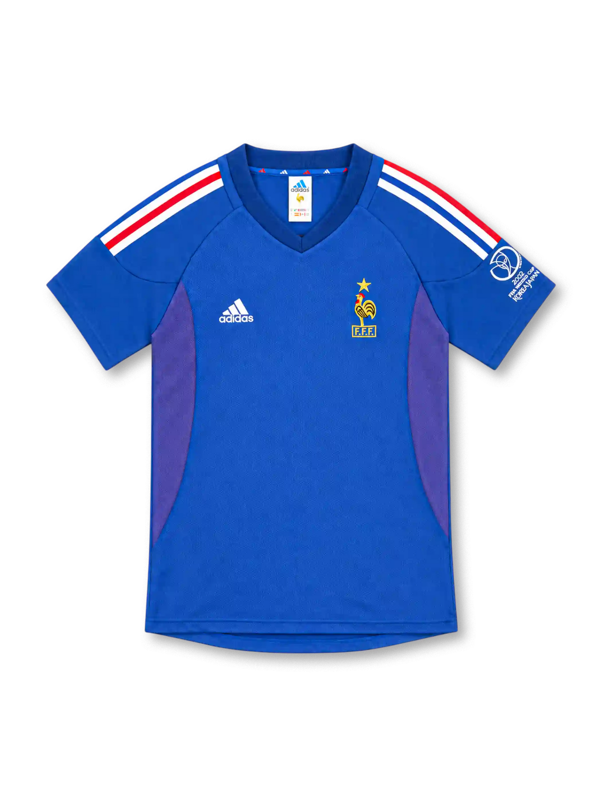 France 2002 royal blue home jersey with red and white shoulder stripes, adidas logo and gold FFF rooster crest