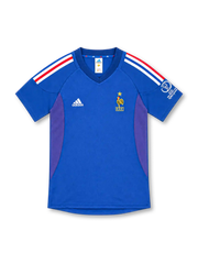 France 2002 royal blue home jersey with red and white shoulder stripes, adidas logo and gold FFF rooster crest
