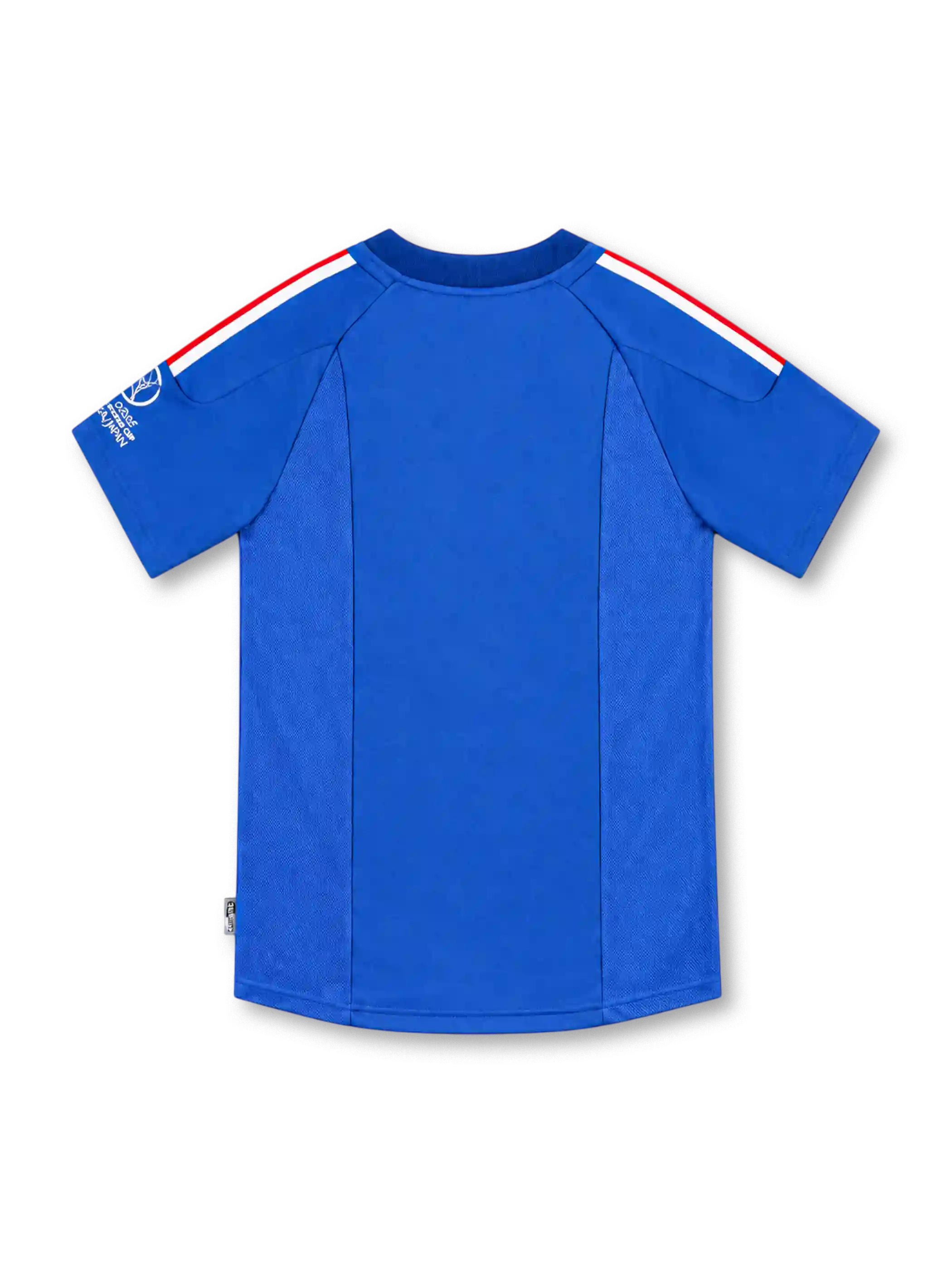 France 2002 royal blue home jersey with red and white shoulder stripes, adidas logo and gold FFF rooster crest