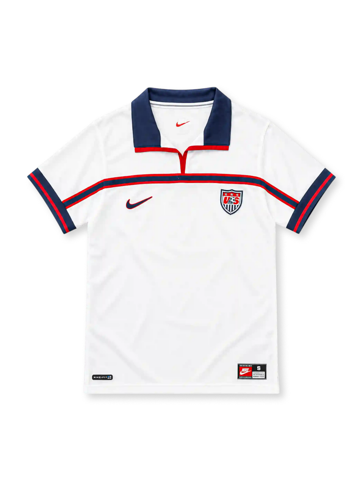 USA 1998 white home jersey with navy polo collar, navy chest band, Nike logo and U.S. Soccer crest