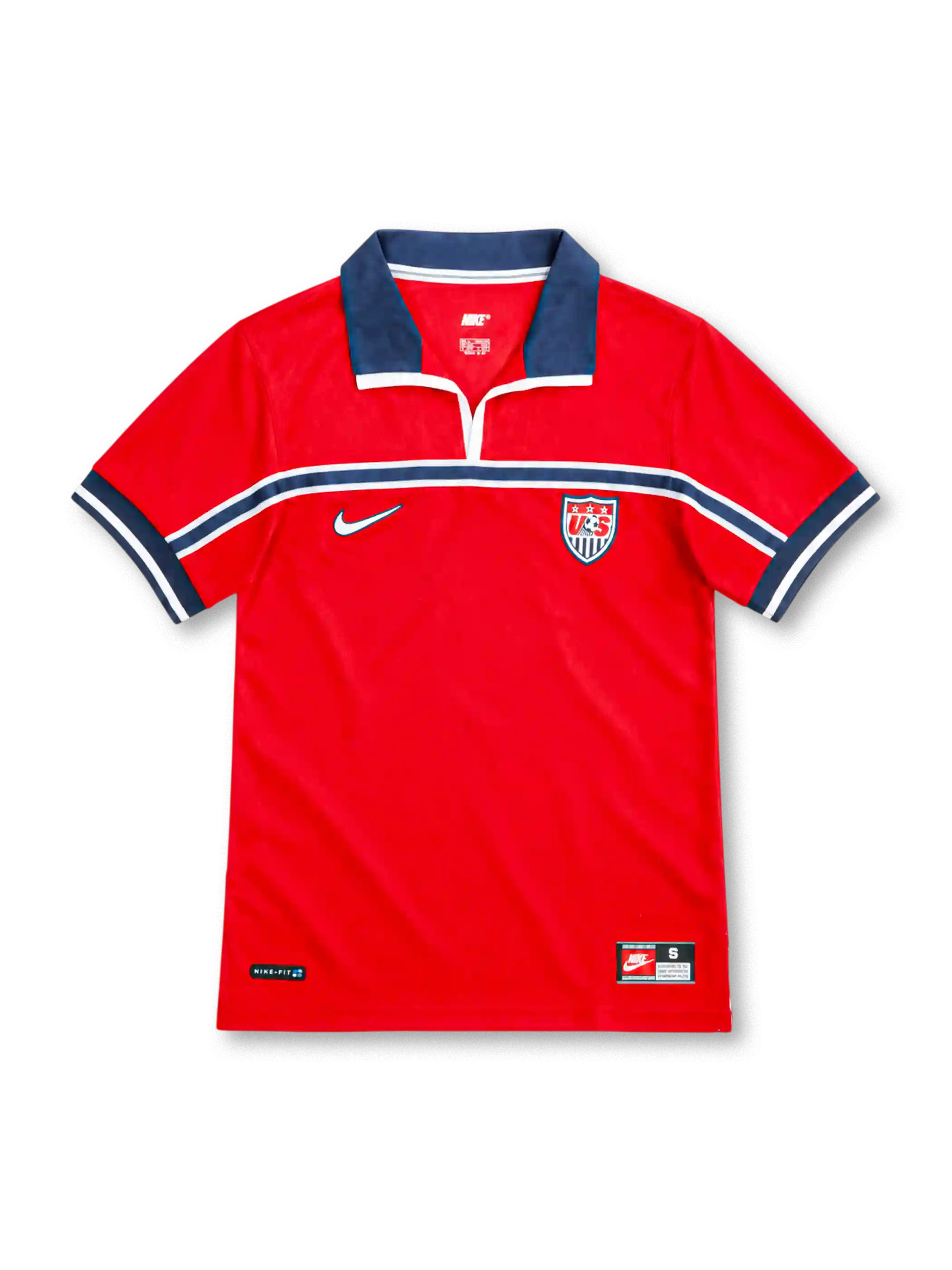 USA 1998 red away jersey with navy polo collar, navy chest band, Nike logo and U.S. Soccer crest