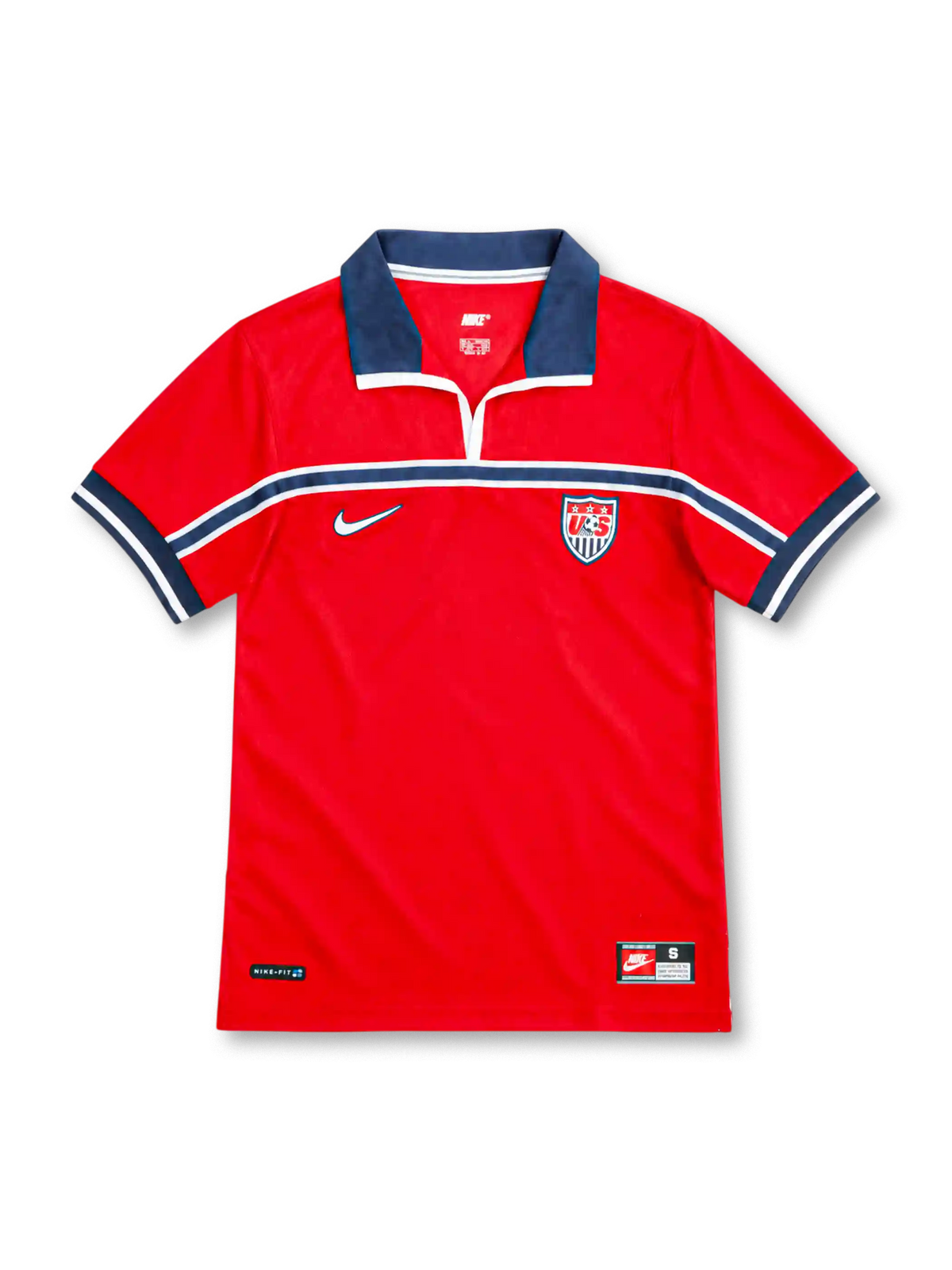 USA 1998 red away jersey with navy polo collar, navy chest band, Nike logo and U.S. Soccer crest