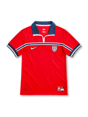 USA 1998 red away jersey with navy polo collar, navy chest band, Nike logo and U.S. Soccer crest