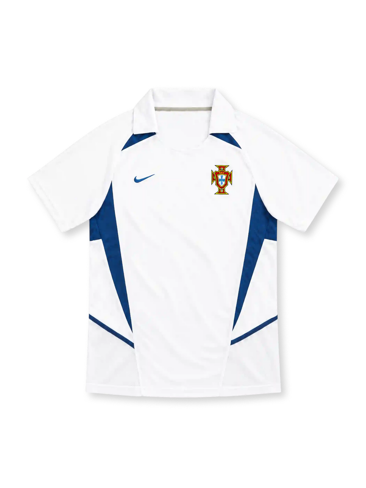 Portugal 2002 white away jersey with blue angular panels, polo collar, Nike logo and federation crest