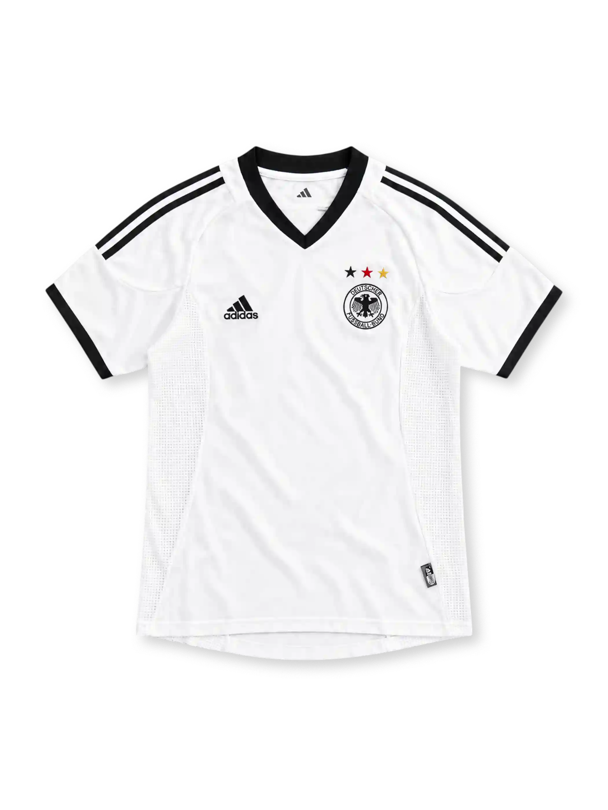 Germany 2002 white home jersey with black V-neck, black adidas stripes and three-star DFB crest