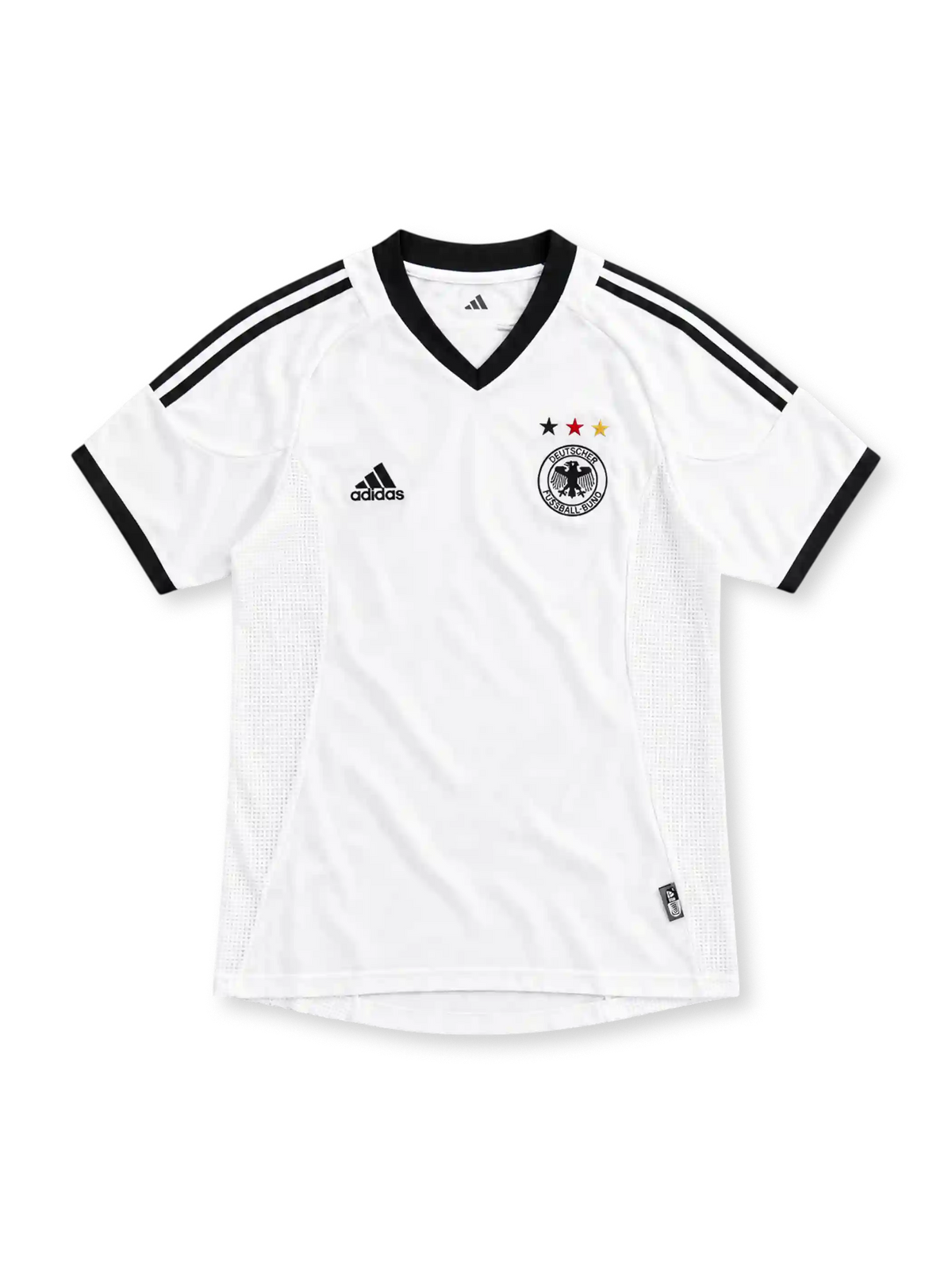 Germany 2002 white home jersey with black V-neck, black adidas stripes and three-star DFB crest